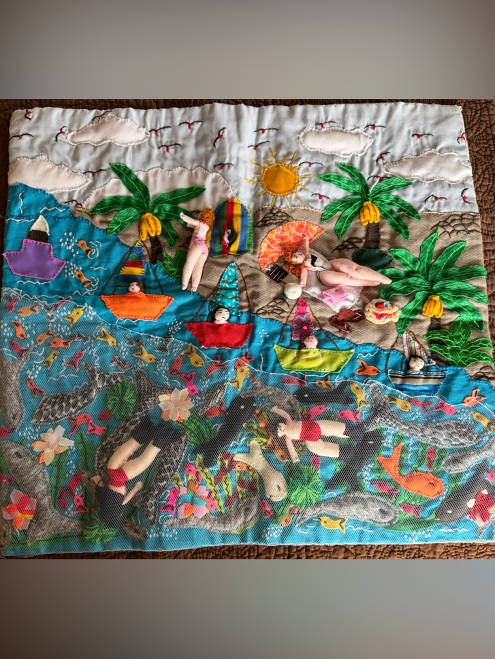 Handmade Tropical Beach Arpillera Patchwork - 3D Handmade Wall Art
